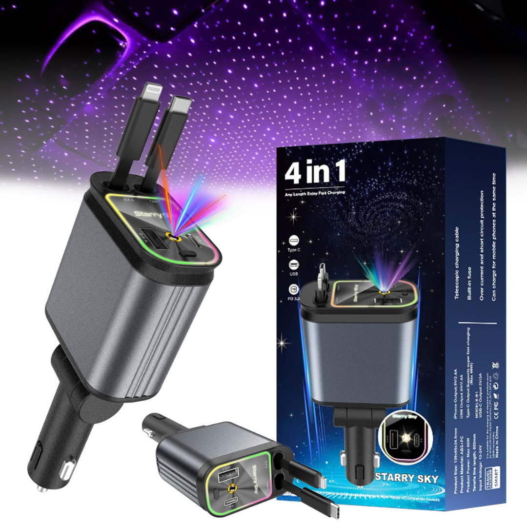 Câble USB-C rétractable C9 PD 2A, chargeur de voiture à charge rapide, station de charge pour téléphone portable, lumière ambiante ciel étoilé, adaptateur rapide pour mobile