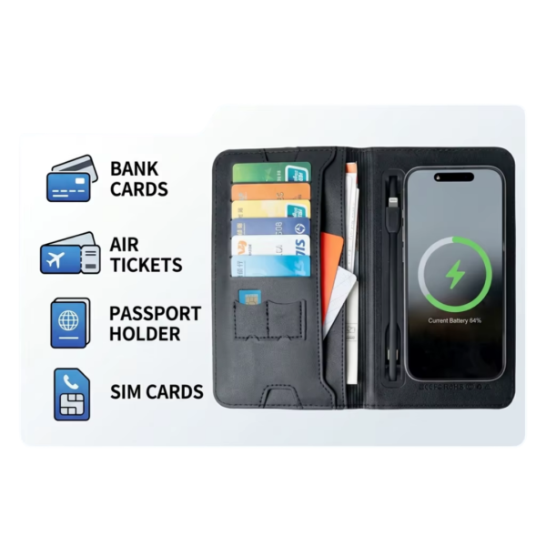 Nouveau portefeuille en cuir à couverture rigide avec chargeur magnétique sans fil et batterie externe