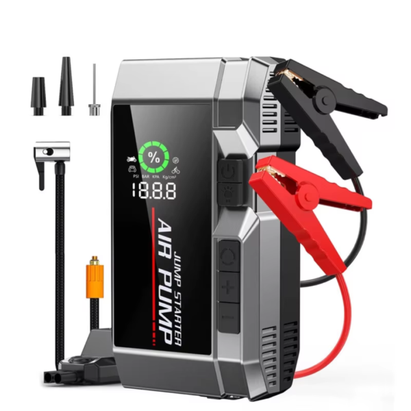 Démarreur de Batterie Portable 4-en-1 avec Compresseur d’Air et Lampe LED