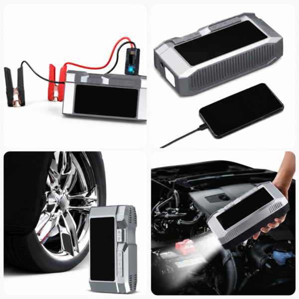Démarreur de Batterie Portable 4-en-1 avec Compresseur d’Air et Lampe LED