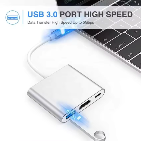 Adaptateur de concentrateur USB C en alliage d'aluminium 3-en-1 de type C vers câble convertisseur HDTV + USB3.0 + PD en stock