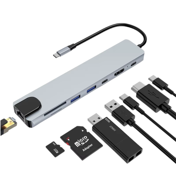 Hub USB Type C 8 en 1 4K 30Hz Type C vers HDTV RJ45 Carte réseau 100M Adaptateur de hub USB C pour station d’accueil MacBook