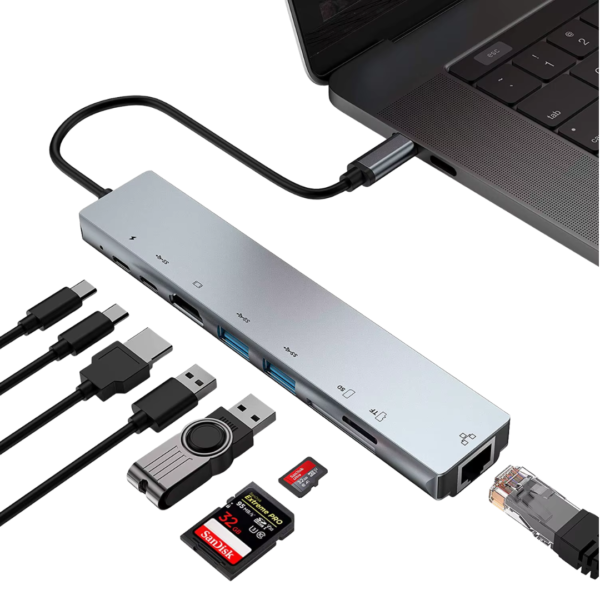 Hub USB Type C 8 en 1 4K 30Hz Type C vers HDTV RJ45 Carte réseau 100M Adaptateur de hub USB C pour station d’accueil MacBook