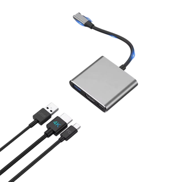 Hub USB-C multifonction 3-en-1, conçu pour étendre les possibilités d’un ordinateur portable équipé d’un port USB-C. Il permet de connecter plusieurs périphériques simultanément, notamment un écran ou téléviseur en HDMI, des accessoires USB et un chargeur USB-C.