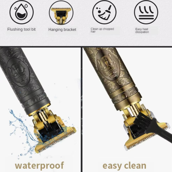 Tondeuse à cheveux professionnelle sans fil, conçue pour réaliser des coupes précises, des contours et des finitions soignées. Son design compact et décoratif lui donne un style premium, tandis que les différents sabots permettent d'adapter facilement la longueur de coupe.