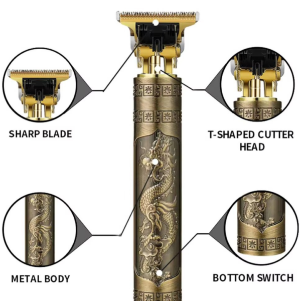 Tondeuse à cheveux professionnelle sans fil, conçue pour réaliser des coupes précises, des contours et des finitions soignées. Son design compact et décoratif lui donne un style premium, tandis que les différents sabots permettent d'adapter facilement la longueur de coupe.