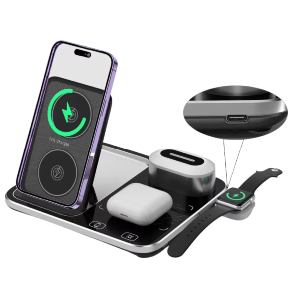 Station de Charge Sans Fil 3-en-1 – Chargeur Rapide pour Smartphone, Apple Watch & Écouteurs